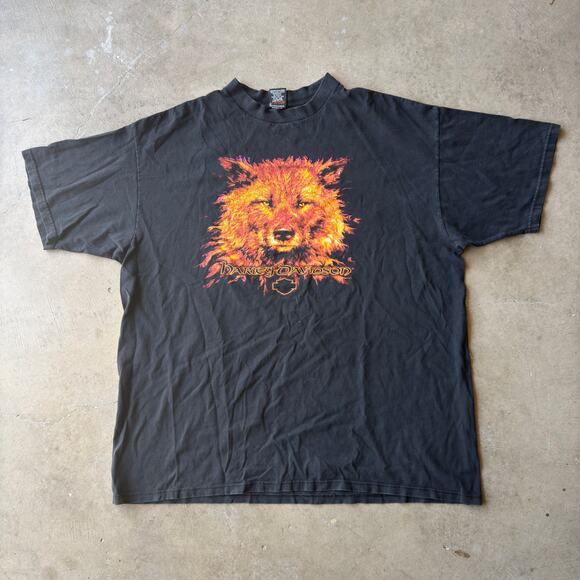 VTG Y2K HARLEY DAVIDSON MOTORCYCLE  T-SHIRT FLAMES WOLF FADED GRAPHIC MENS XXL - Picture 1 of 6